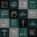 Set line Telephone, Chainsaw, Nail gun, Microwave oven, Air compressor, Electric jigsaw, mixer and Angle grinder icon Royalty Free Stock Photo