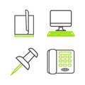 Set line Telephone, Push pin, Computer monitor with keyboard and File document icon. Vector