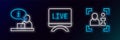 Set line Television report, and Live icon. Glowing neon. Vector