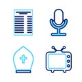 Set line Television tv, Pope hat, Microphone and Paper or financial check icon. Vector