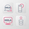 Set line Tequila bottle, Hola, glass with lemon and icon. Vector