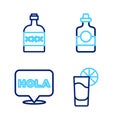 Set line Tequila glass with lemon, Hola, bottle and icon. Vector