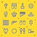 Set line Tequila glass with lemon, Lizard, Mexican sombrero, bottle, man, Skull, Corn and Pan flute icon. Vector Royalty Free Stock Photo