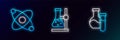 Set line Test tube, Atom and flask on stand icon. Glowing neon. Vector