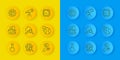 Set line Test tube, Basic geometric shapes, Cloud with rain, Atom, Earth globe, Virus, Processor CPU and Telescope icon