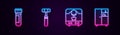 Set line Test tube with blood, Neurology reflex hammer, X-ray machine and Medicine cabinet. Glowing neon icon. Vector