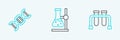 Set line Test tube, DNA symbol and flask on stand icon. Vector
