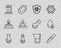 Set line Test tube and flask chemical, Pipette, Biohazard symbol on shield, stand, Bacteria, Laboratory glassware or