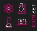 Set line Test tube and flask chemical, on stand and Atom icon. Vector