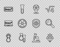Set line Test tube and flask, Diamond, Radioactive in location, Equation solution, Microscope and Magnifying glass icon