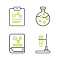 Set line Test tube flask on fire, Chemistry book, and and report icon. Vector