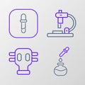 Set line Test tube and flask, Gas mask, Microscope and Pipette icon. Vector