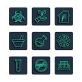 Set line Test tube and flask, No GMO, Eco friendly house, Mortar pestle, Biohazard symbol and Bacteria icon. Vector