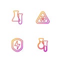 Set line Test tube and flask, Secure shield with lightning, and Triangle radiation. Gradient color icons. Vector