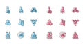 Set line Test tube flask on stand, Helium, with toxic liquid, Microscope, Molecule, Chemical formula and icon. Vector
