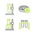 Set line Test tube, flask on stand, with toxic liquid and icon. Vector