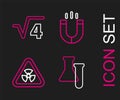 Set line Test tube and flask, Triangle with radiation, Magnet and Square root of 4 glyph icon. Vector