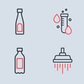 Set line Test tube with water drop, Bottle of, Shower and icon. Vector Royalty Free Stock Photo