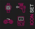 Set line Tetris, Gamepad, Ray gun and Wrist watch icon. Vector