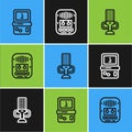 Set line Tetris, Microphone and Cassette tape player icon. Vector