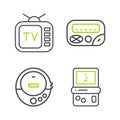 Set line Tetris, Music CD player, Pager and Retro tv icon. Vector