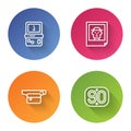 Set line Tetris, Photo, Waist bag of banana and 90s Retro. Color circle button. Vector