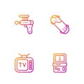 Set line Tetris, Retro tv, Ray gun and Skateboard trick. Gradient color icons. Vector
