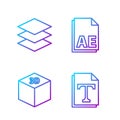 Set line Text file document, Isometric cube, Layers and AE file document. Gradient color icons. Vector Royalty Free Stock Photo