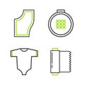 Set line Textile fabric roll, Baby clothes, Round adjustable embroidery hoop and Sewing Pattern icon. Vector Royalty Free Stock Photo