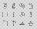 Set line Textile fabric roll, Hanger wardrobe, Sewing button, Needle for sewing with thread, Awl tool, and Zipper icon Royalty Free Stock Photo