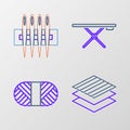 Set line Textile fabric roll, Sewing thread on spool, Ironing board and Needle for sewing icon. Vector Royalty Free Stock Photo