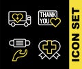 Set line Thank you with heart, Heart cross, Medical protective mask and Humanitarian truck icon. Vector