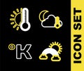 Set line Thermometer and cloud, moon, Rainbow with clouds sun, Kelvin and icon. Vector