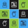 Set line Thief mask, Hand grenade and Internet piracy icon. Vector