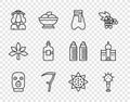 Set line Thief mask, Mace, Cossack pants, Scythe, Ukrainian woman, Bottle of vodka, Sunflower and Church building icon