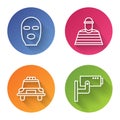 Set line Thief mask, Prisoner, Police car and flasher and Security camera. Color circle button. Vector