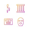 Set line Thief mask, Retro audio cassette tape, Footsteps and Prison window. Gradient color icons. Vector