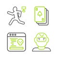Set line Thief mask, System bug, Playing cards and Murder icon. Vector