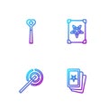 Set line Three tarot cards, Magic wand, and Ancient magic book. Gradient color icons. Vector Royalty Free Stock Photo