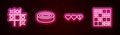 Set line Tic tac toe game, Checker chips, Hearts for and Board of checkers. Glowing neon icon. Vector Royalty Free Stock Photo