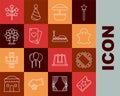 Set line Ticket, Ghost, Attraction carousel, Playing card, Ferris wheel, Fireworks and Bumper icon. Vector Royalty Free Stock Photo