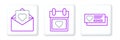 Set line Ticket with heart, Envelope Valentine and Calendar icon. Vector