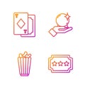 Set line Ticket, Popcorn in box, Playing cards and Magic ball on hand. Gradient color icons. Vector