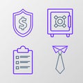 Set line Tie, Clipboard with checklist, Safe and Shield dollar symbol icon. Vector Royalty Free Stock Photo