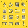 Set line Tie, Resume, Spiral notebook, Trash can, Clock, File document, Push pin and Document folder icon. Vector Royalty Free Stock Photo