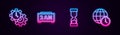 Set line Time Management, Digital alarm clock, Old hourglass and World time. Glowing neon icon. Vector