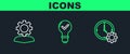 Set line Time Management, Human with gear inside and Light bulb and check mark icon. Vector