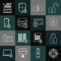 Set line Time Management, Open padlock, Shield security with, Cloud computing, Server, Smartphone, Computer api Royalty Free Stock Photo