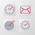 Set line Time Management, Target with arrow, Envelope and Clock icon. Vector