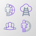 Set line Time Management, Users group, Ladder leading to cloud and Globe and people icon. Vector Royalty Free Stock Photo